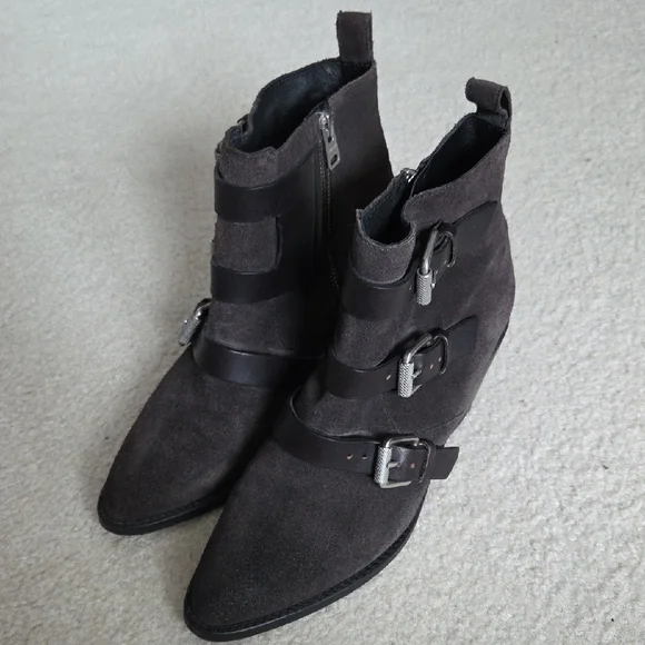 All Saints Dark Brown Ankle Boots with Buckle Detail - Picture 9 of 9